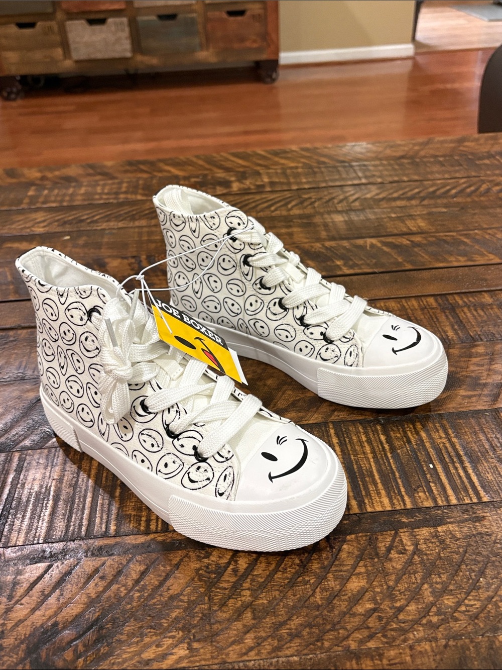 Joe Boxer White Canvas High-Top Sneakers with Black Smiley Pattern